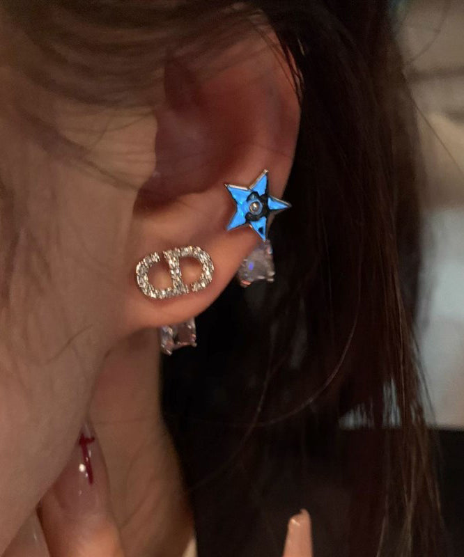 Alloy Zircon Asymmetrical Graphic Gem Stone Star Stud Earrings