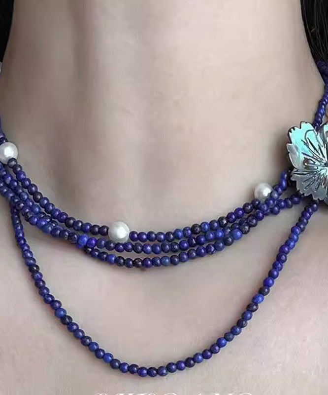 Blue Alloy Pearl Beading Layered Gratuated Bead Necklace