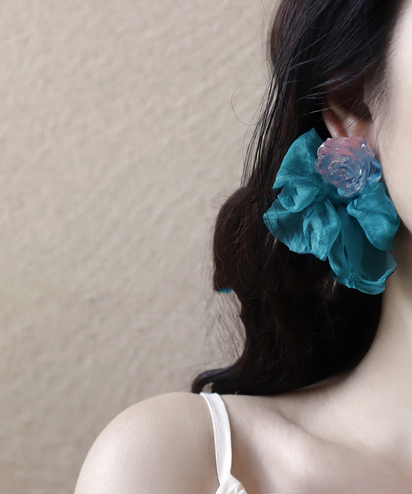 Blue Chiffon Patchwork Resin Bow Hoop Earrings