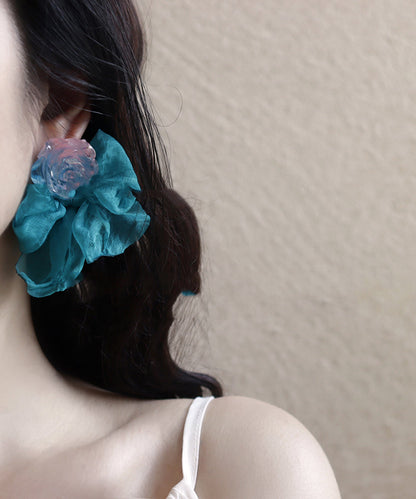 Blue Chiffon Patchwork Resin Bow Hoop Earrings