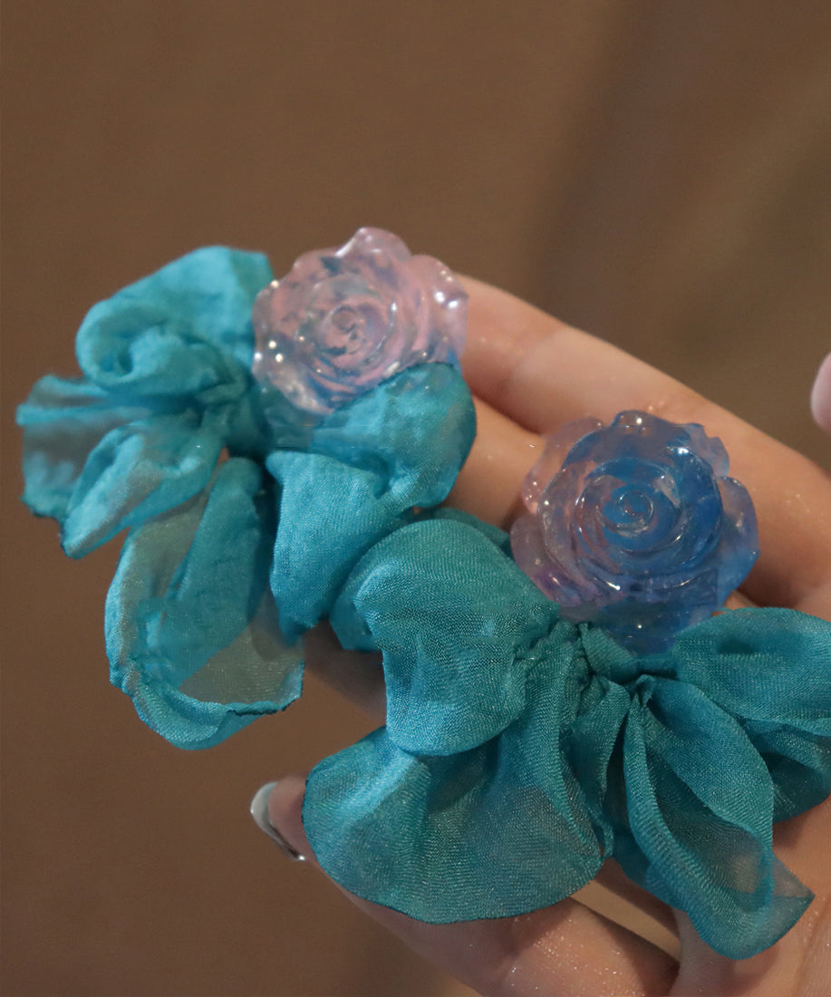 Blue Chiffon Patchwork Resin Bow Hoop Earrings