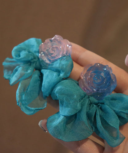 Blue Chiffon Patchwork Resin Bow Hoop Earrings
