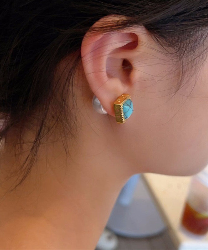 Colorblock Copper Overgild Turquoise Pearl Stud Earrings
