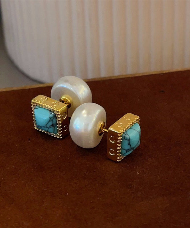 Colorblock Copper Overgild Turquoise Pearl Stud Earrings