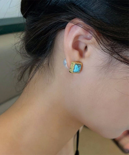 Colorblock Copper Overgild Turquoise Pearl Stud Earrings