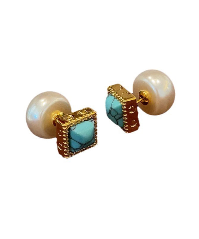 Colorblock Copper Overgild Turquoise Pearl Stud Earrings