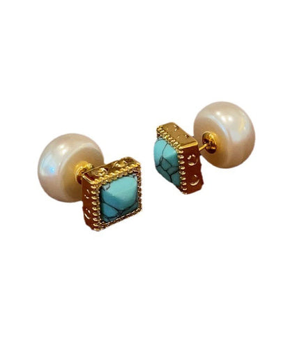 Colorblock Copper Overgild Turquoise Pearl Stud Earrings