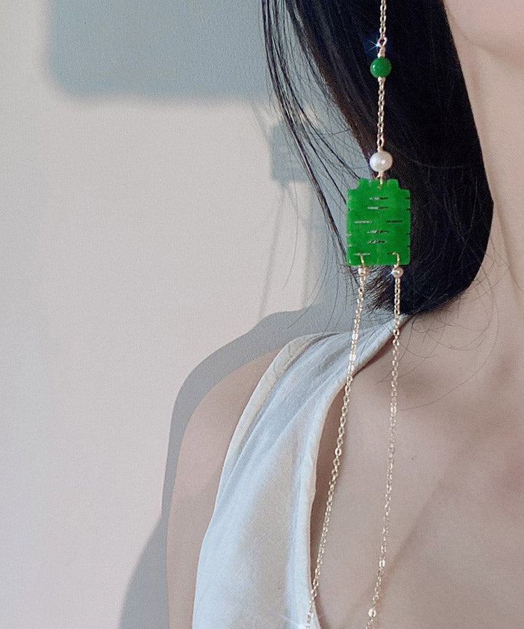 Dry Green Jade Overgild Jade Pearl Tasserl Drop Earrings