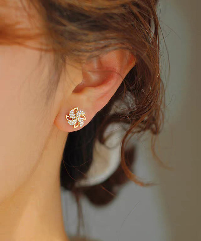 Gold Copper Alloy Zircon a Spinning Windmill Stud Earrings