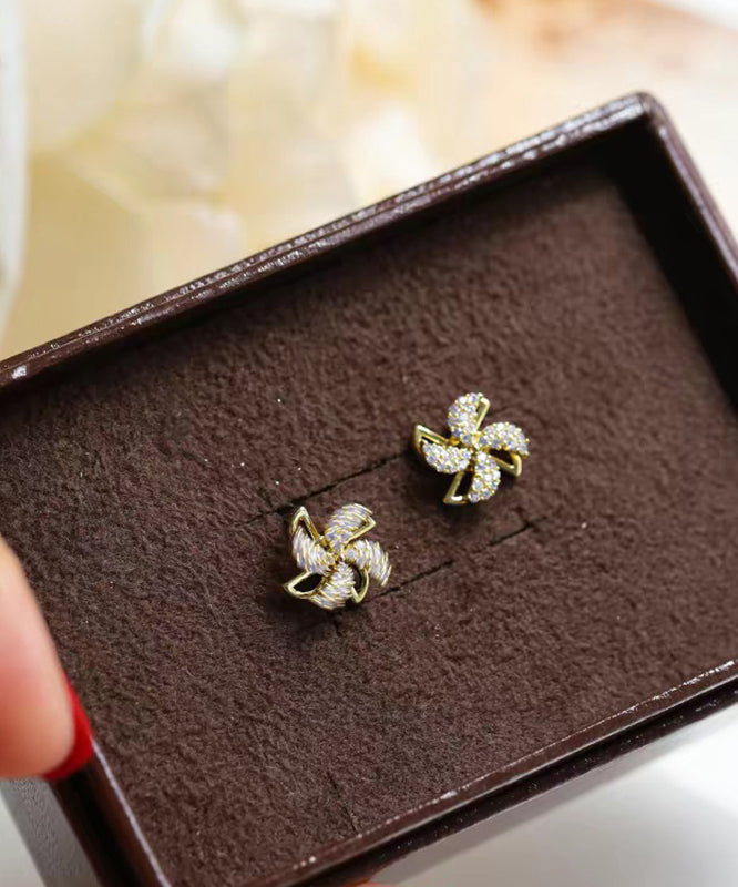 Gold Copper Alloy Zircon a Spinning Windmill Stud Earrings