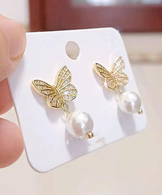 Gold Silver Overgild Pearl Butterfly Stud Earrings