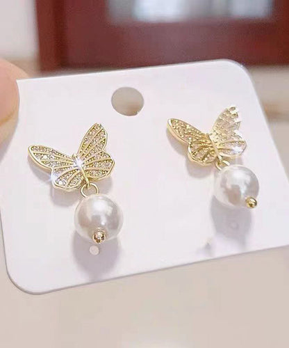 Gold Silver Overgild Pearl Butterfly Stud Earrings