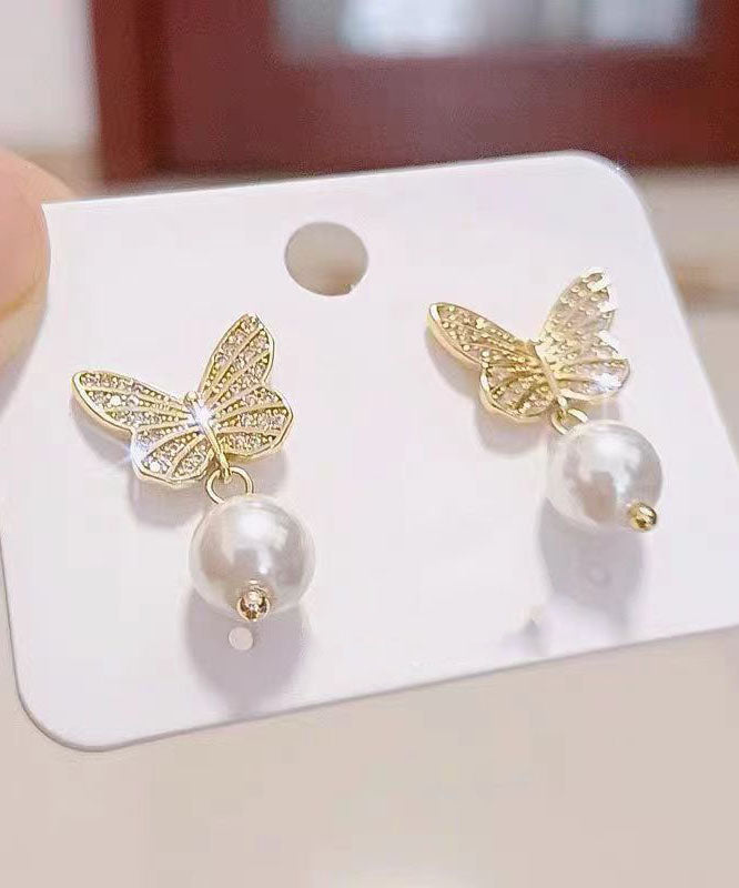 Gold Silver Overgild Pearl Butterfly Stud Earrings