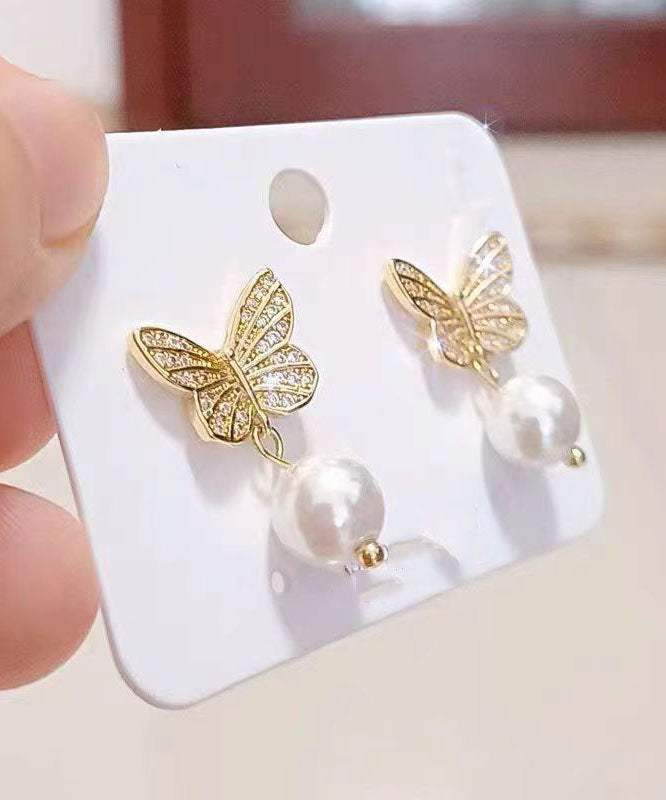 Gold Silver Overgild Pearl Butterfly Stud Earrings