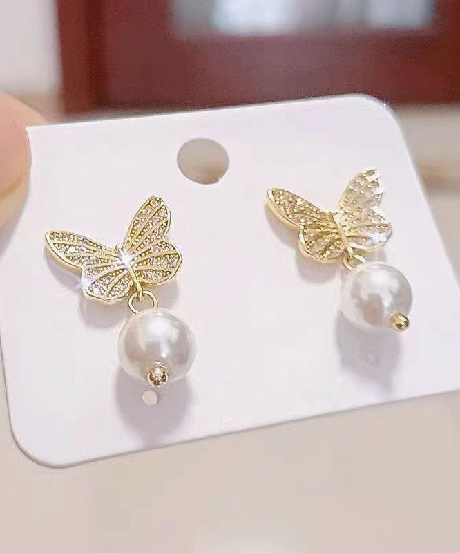 Gold Silver Overgild Pearl Butterfly Stud Earrings