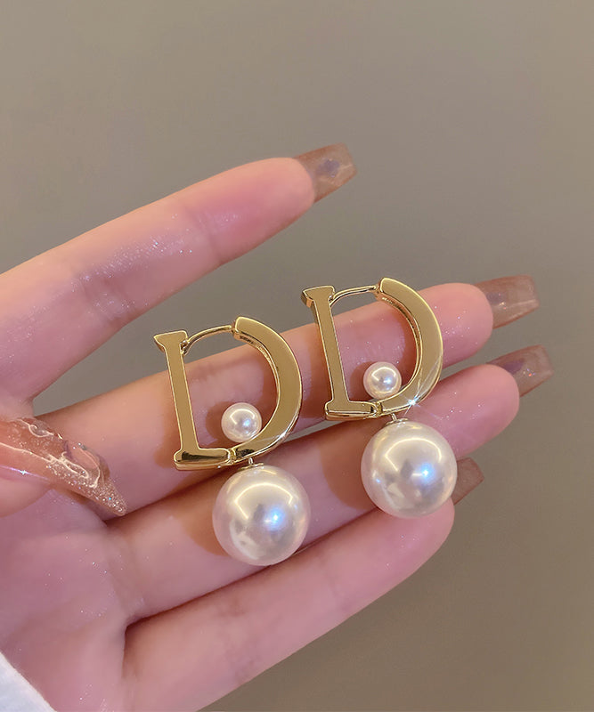Gold Sterling Silver Alloy Pearl Letter Drop Earrings