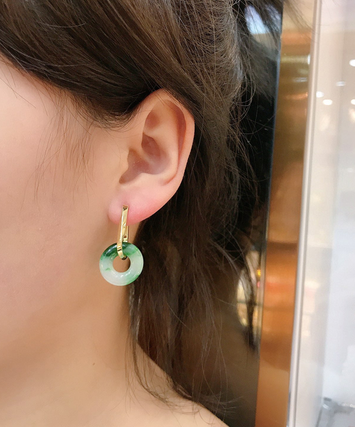 Green Sterling Silver Overgild Jade Hoop Earrings