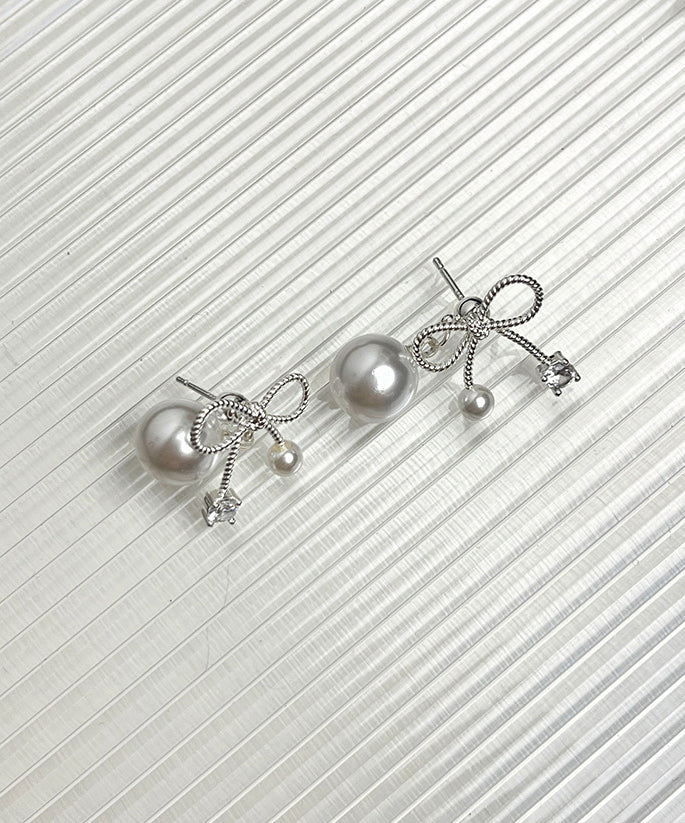 Grey Alloy Pear Bow Stud Earrings