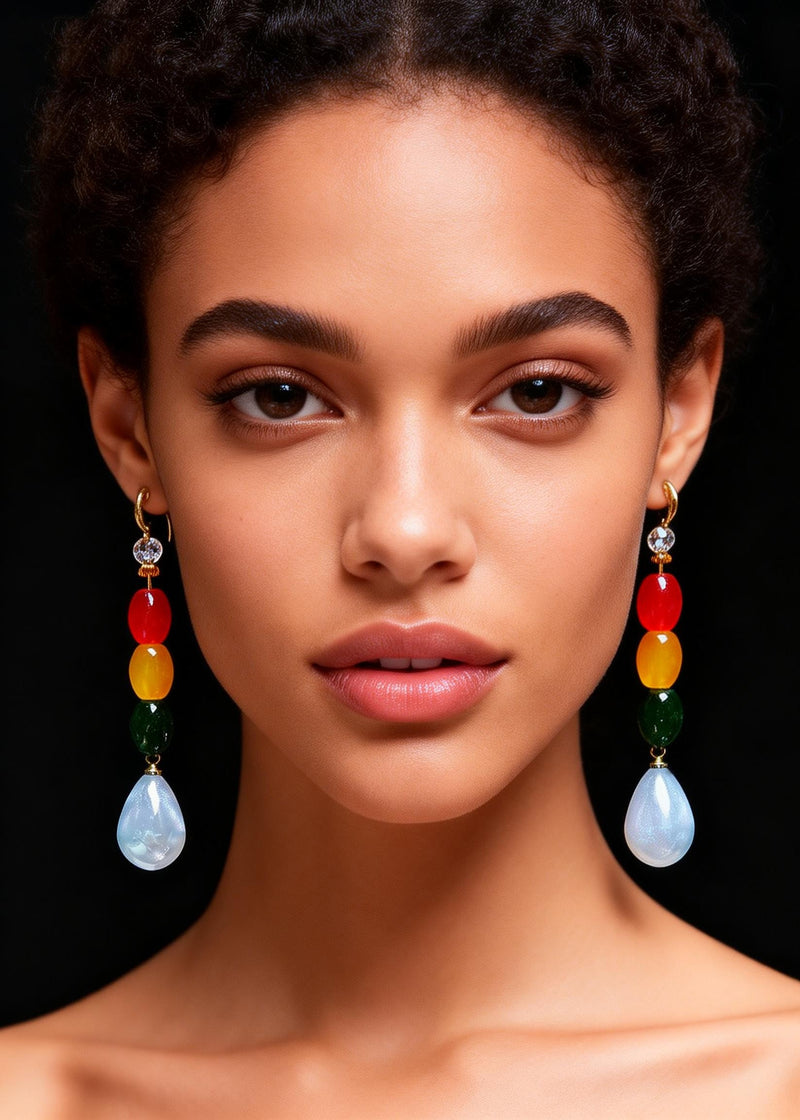 Multicolour Gem Stone Droplet Shape Drop Earrings