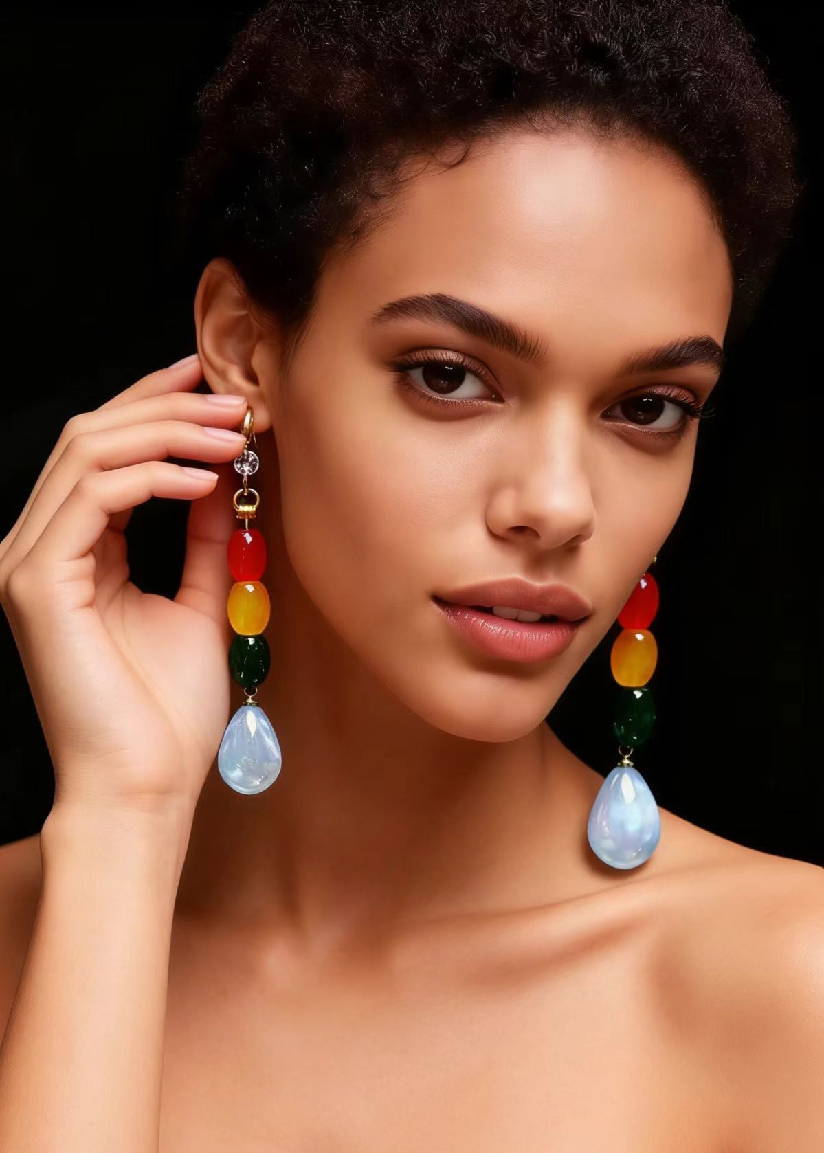 Multicolour Gem Stone Droplet Shape Drop Earrings