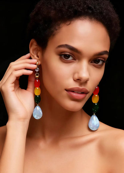 Multicolour Gem Stone Droplet Shape Drop Earrings