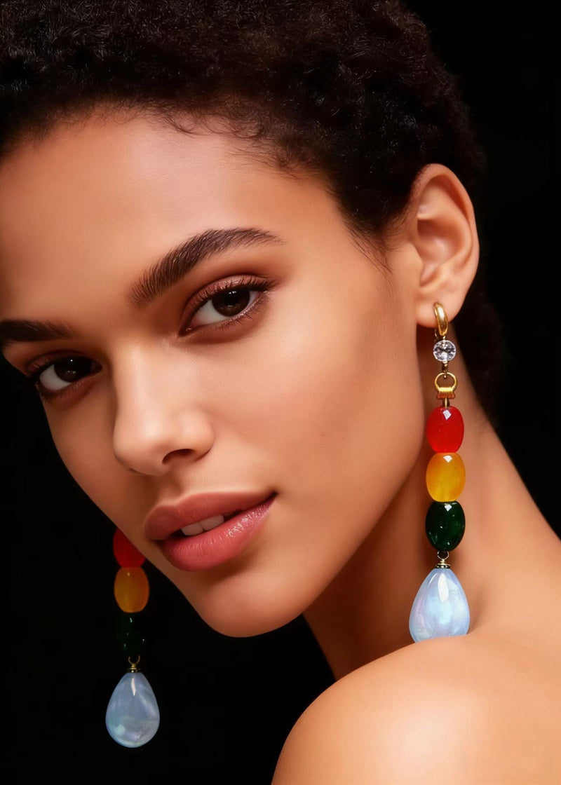 Multicolour Gem Stone Droplet Shape Drop Earrings