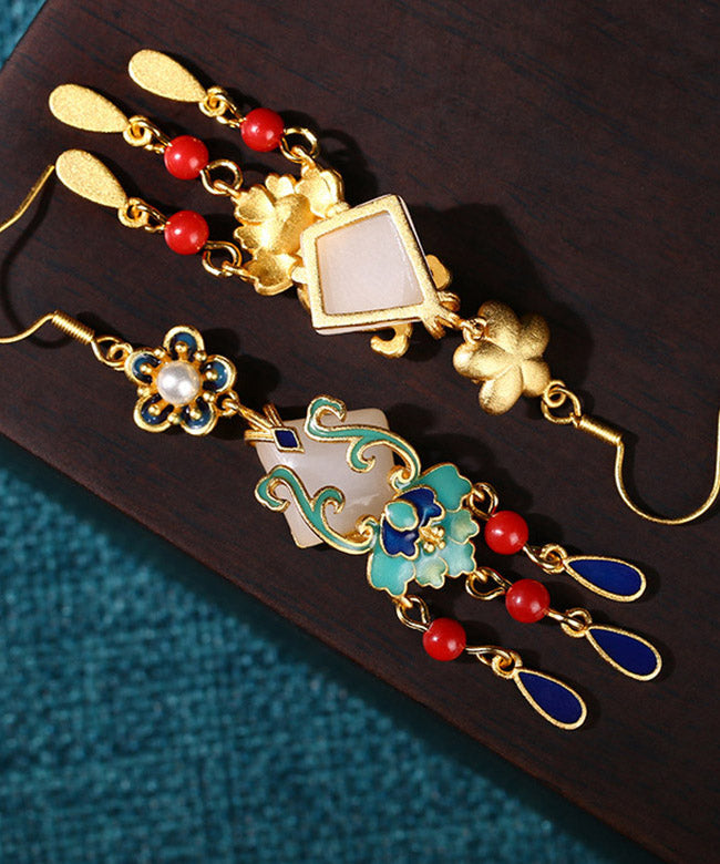 Overgild Jade Cloisonne Peal Drop Earrings