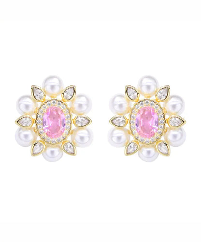 Sterling Silver Crystal Pearl Zircon Stud Earrings