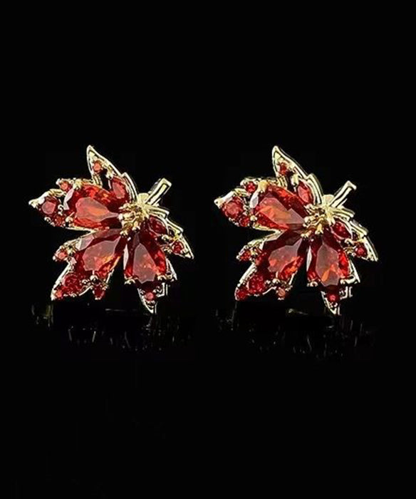 Red Leaf Crystal Gilded Stud Earrings