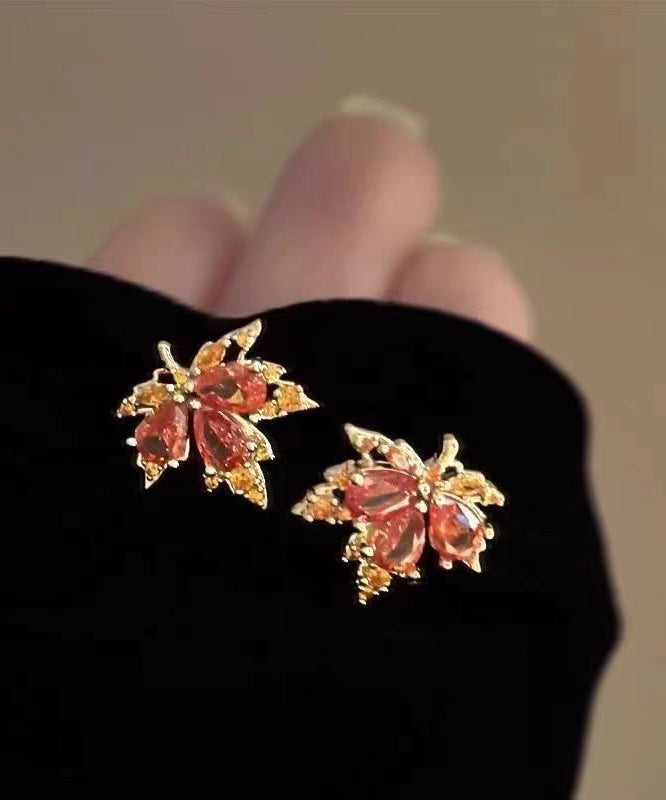 Red Leaf Crystal Gilded Stud Earrings