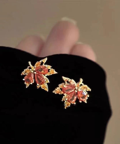 Red Leaf Crystal Gilded Stud Earrings
