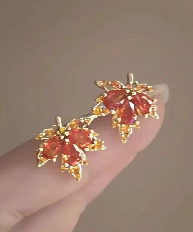 Red Leaf Crystal Gilded Stud Earrings