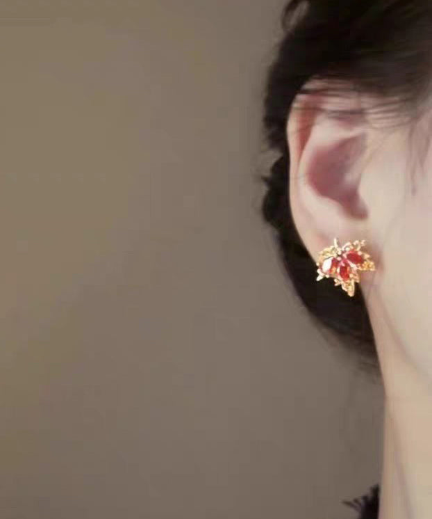 Red Leaf Crystal Gilded Stud Earrings