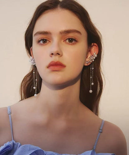 Silver Pearl Tassel Metal Long Earrings