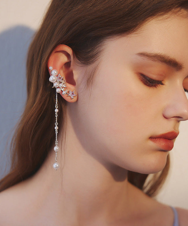 Silver Pearl Tassel Metal Long Earrings