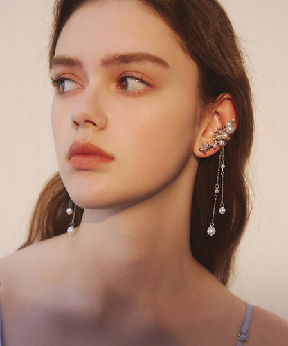 Silver Pearl Tassel Metal Long Earrings
