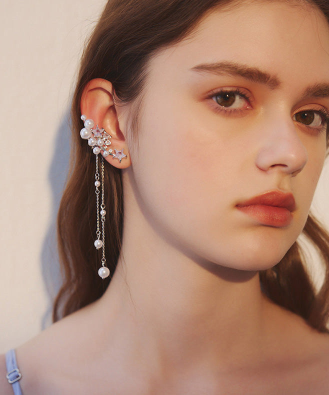 Silver Pearl Tassel Metal Long Earrings