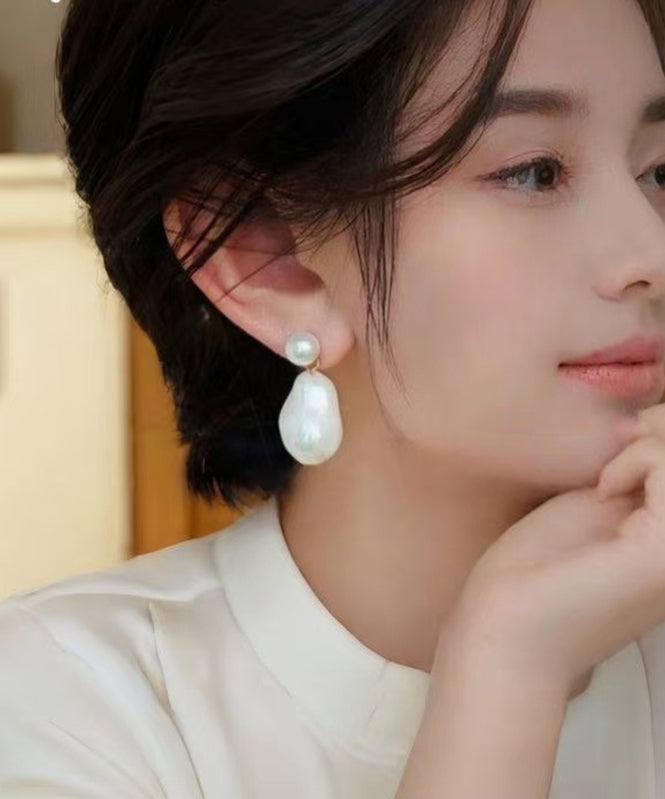 White Copper Overgild Asymmetrical Pearl Drop Earrings