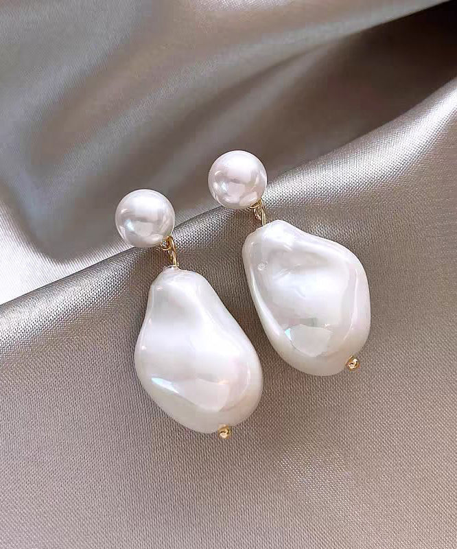 White Copper Overgild Asymmetrical Pearl Drop Earrings