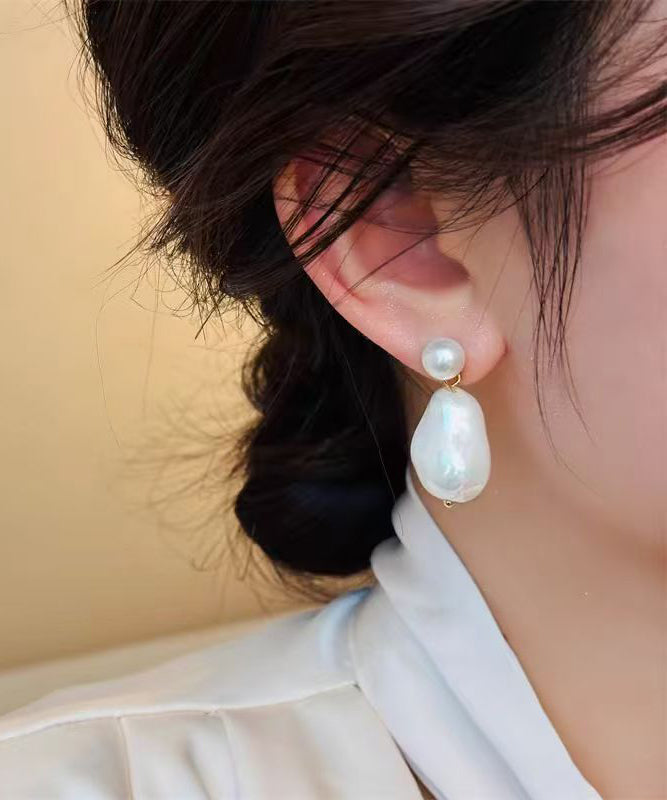 White Copper Overgild Asymmetrical Pearl Drop Earrings