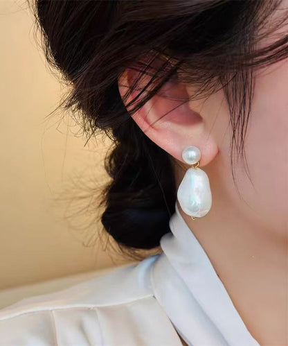 White Copper Overgild Asymmetrical Pearl Drop Earrings