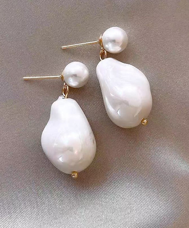White Copper Overgild Asymmetrical Pearl Drop Earrings