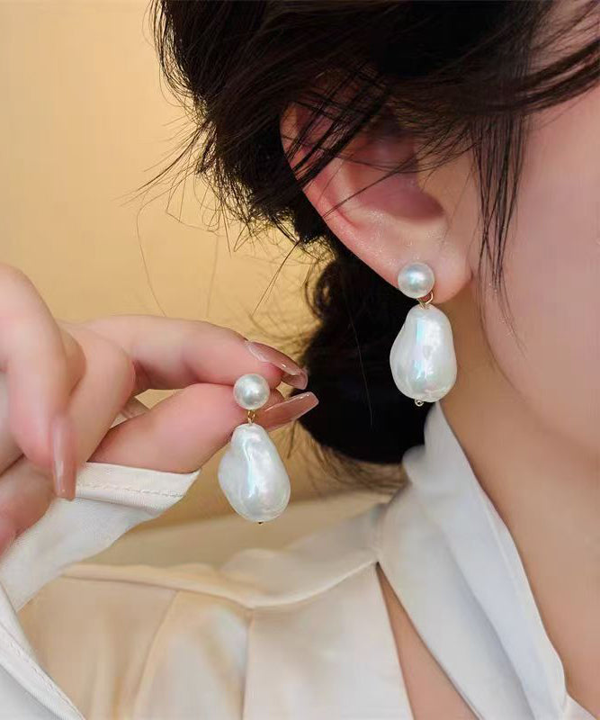 White Copper Overgild Asymmetrical Pearl Drop Earrings