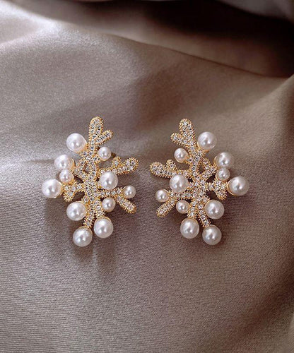 White Sterling Silver Overgild Zircon Coral Pearl Stud Earrings Gh1065