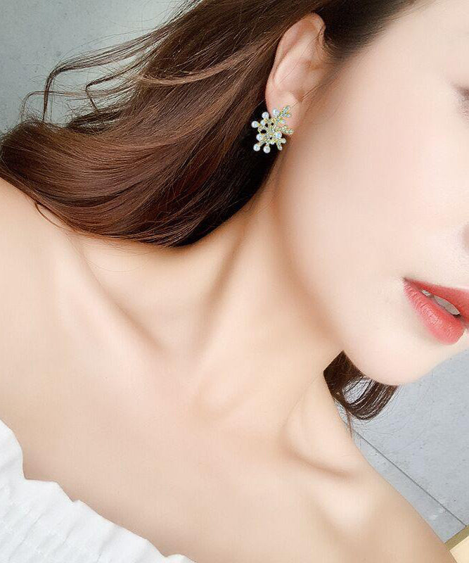 White Sterling Silver Overgild Zircon Coral Pearl Stud Earrings Gh1065