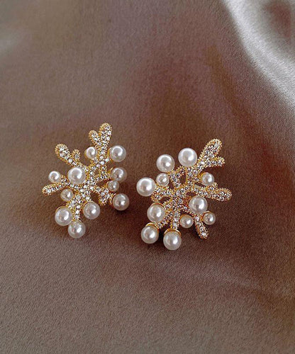 White Sterling Silver Overgild Zircon Coral Pearl Stud Earrings Gh1065