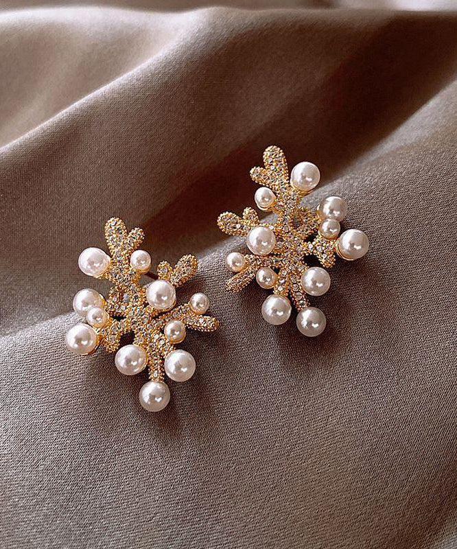 White Sterling Silver Overgild Zircon Coral Pearl Stud Earrings Gh1065