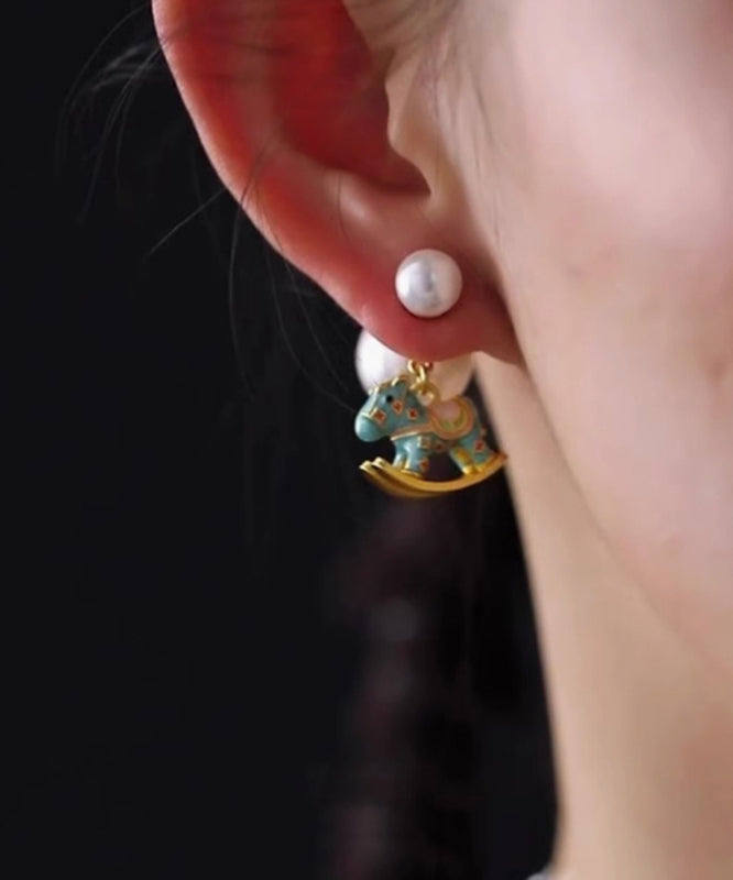 Chinese Style Blue Copper Overgild Zircon Pearl Drip Glaze Little Rocking Horse Stud Earrings