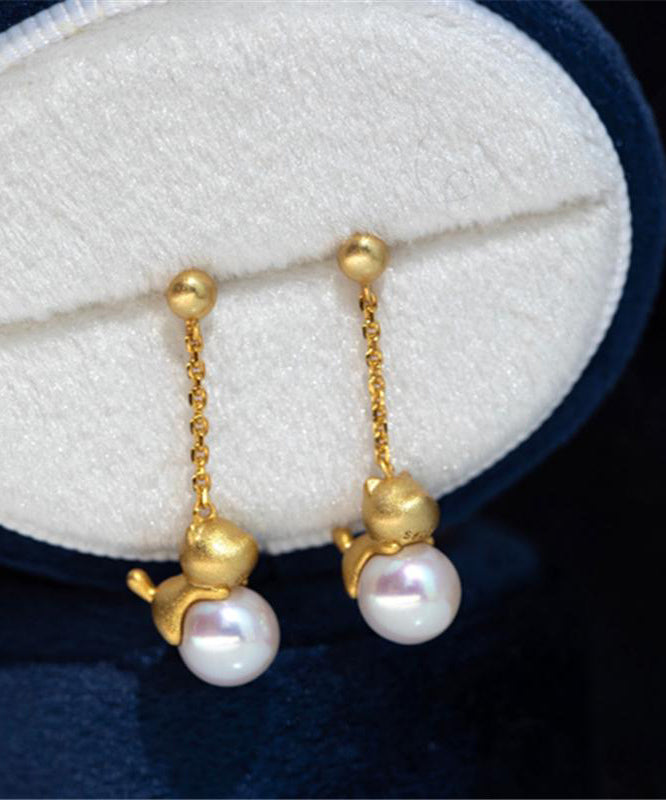 Chinese Style Gold Sterling Silver Overgild Pearl Little Cat Drop Earrings