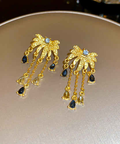 Chinese Style Gold Sterling Silver Overgild Zircon Water Drop Tassel Drop Earrings